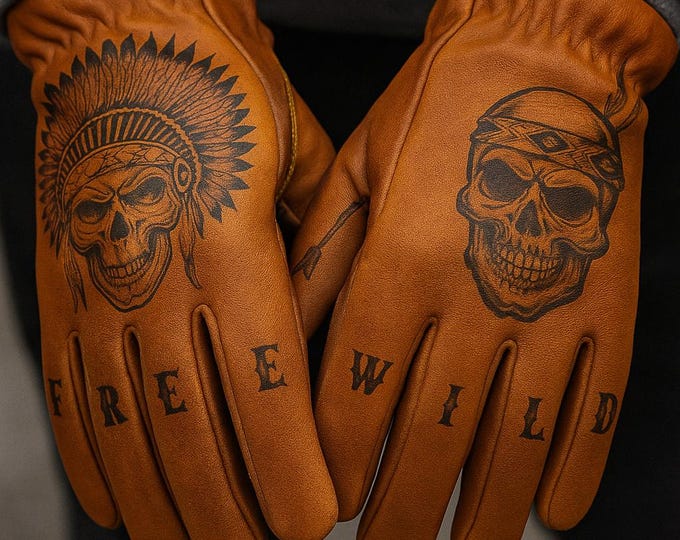 Motorcycle Riding Safety Gloves - Lambskin Handmade - Custom Tattoo Indian Print