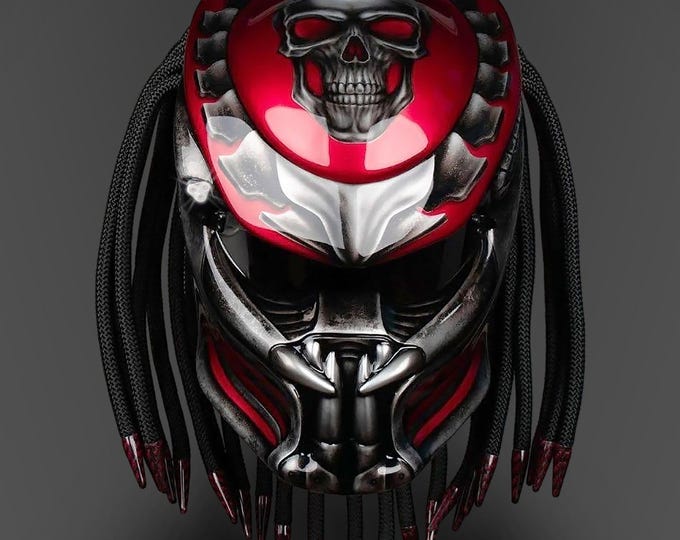 Crimson Red Fanged Skull Helmet, Aggressive Custom Motorcycle Paint, DOT & ECE Certified Handmade