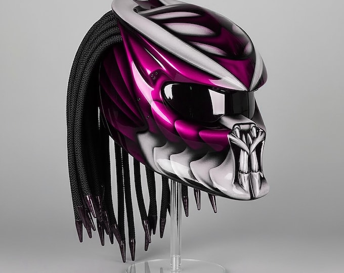 Pink Assassin Predator Motorcycle Helmet, Vibrant Paint Airbrush with Dreadlock, LED's, DOT & ECE Certified