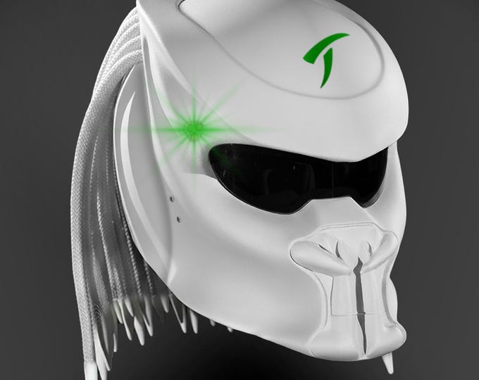 White Green Predator Helmet Fang Style – Handmade Custom Airbrush, DOT & ECE Certified, LED Accent