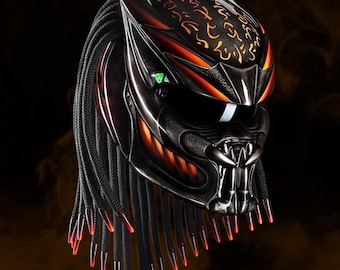 Orange Lava Fang Predator Helmet, Fiery Custom Motorcycle Art, DOT & ECE Certified with LEDs