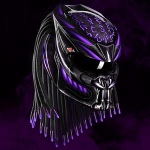 Indigo Purple Fang Predator Helmet, Mystical Custom Motorcycle Art, DOT & ECE Certified, Handmade Gear