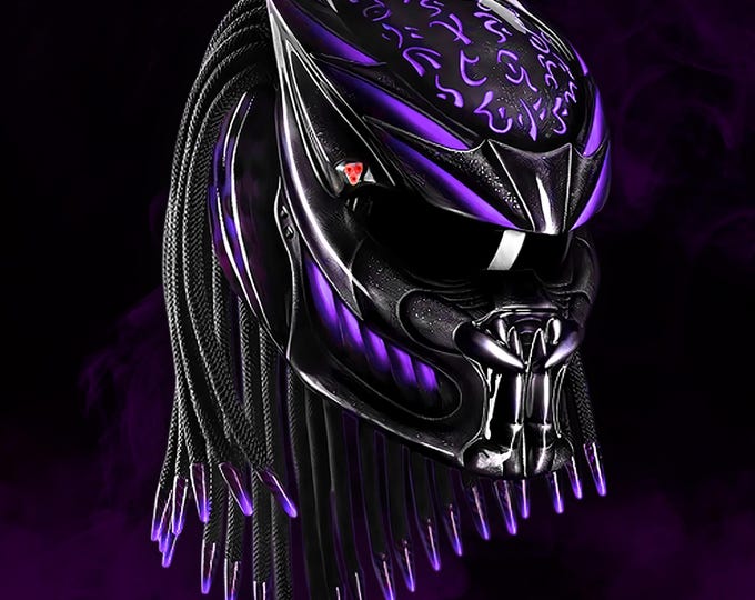 Indigo Purple Fang Predator Helmet, Mystical Custom Motorcycle Art, DOT & ECE Certified, Handmade Gear