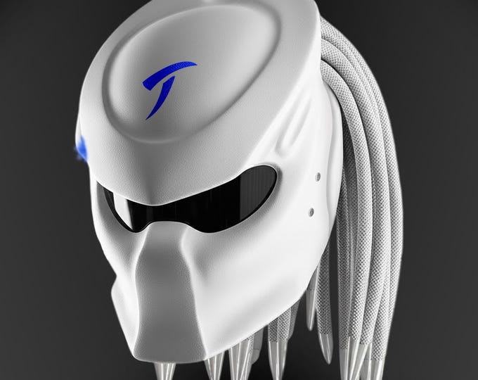Custom Airbrushed Predator Motorcycle Helmet: Blue and White, DOT/ECE Certified, LED