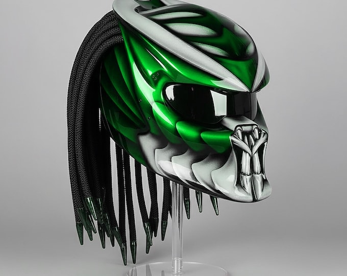 Green Predator Assassin Motorcycle Helmet, Handpainted Airbrush with Dreadlock, LED's Color, DOT & ECE Certified
