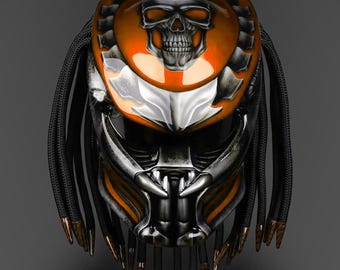 Hand-Painted Tiger Orange Fanged Skull Motorcycle Helmet with LEDs - DOT & ECE Certified