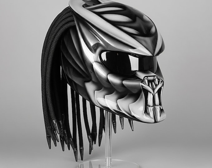 Metallic Gray Predator Assassin Motorcycle Helmet, Metallic Airbrush Dreadlock, LED Color, DOT & ECE Certified