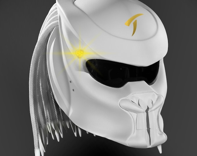 Handmade Predator Motorcycle Helmet White Gold : DOT & ECE Certified, LED Accent
