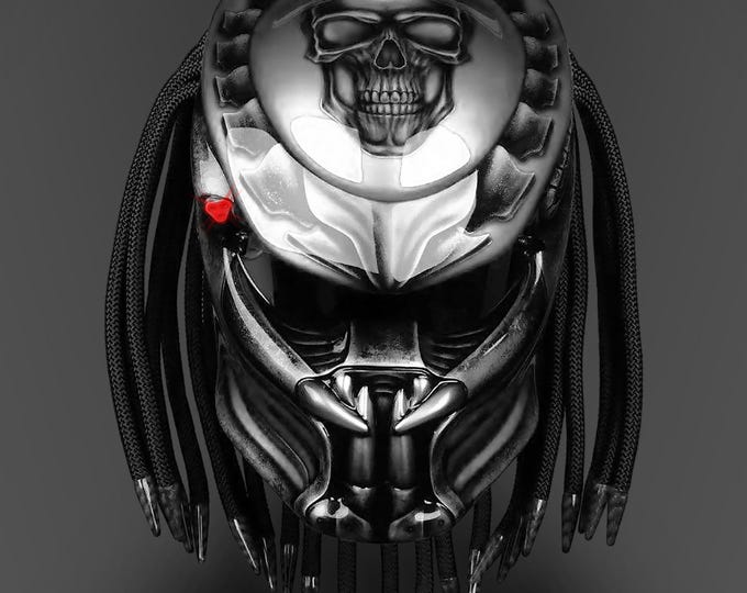 Metallic Gray Fanged Skull Motorcycle Helmet: Custom LED Biker Gear, DOT & ECE Certified