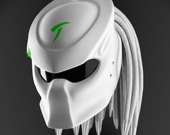 Custom Airbrushed Predator Motorcycle Helmet: Green and White, DOT/ECE Certified, LED