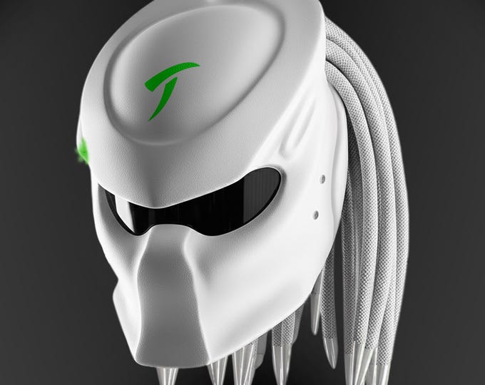 Custom Airbrushed Predator Motorcycle Helmet: Green and White, DOT/ECE Certified, LED