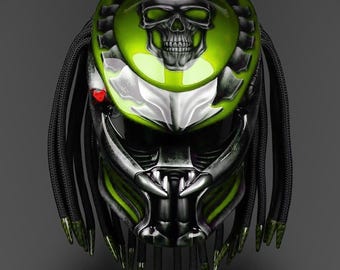 Lime Green Fanged Skull Helmet, Toxic Custom Motorcycle Art with LED Options, DOT & ECE Certified Gear