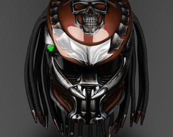 Predator Bike Helmet Brown Fiberglass: Fanged Skull, Handmade Airbrush, DOT ECE Certified