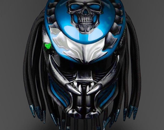 Handmade Cerulean Blue Fanged Skull Motorcycle Helmet - DOT & ECE Certified