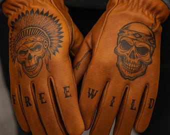 Sheep Leather Gloves Skull Tattoo Art: Custom Lambskin Biker Moto Gear with Velcro Cuff