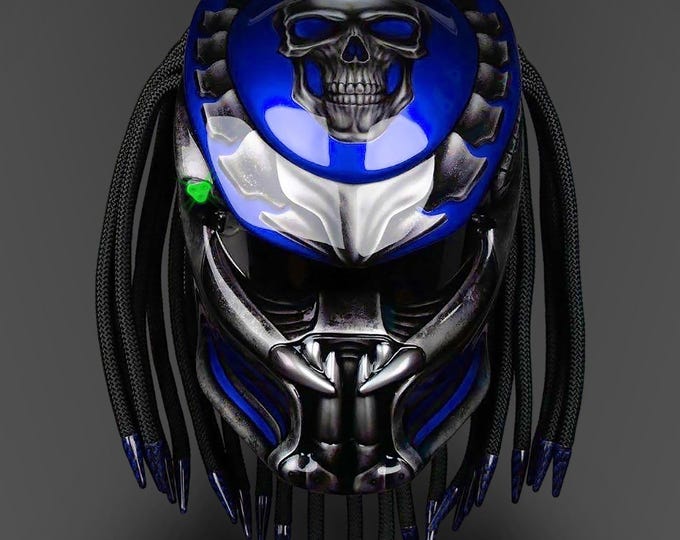 Handmade Azure Blue Fanged Skull Motorcycle Helmet: DOT & ECE Certified LED Art