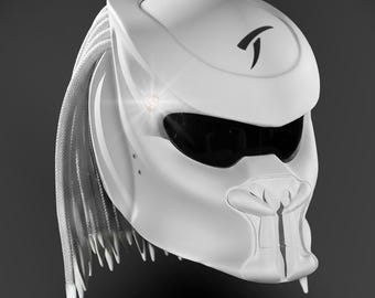 White Black Predator Helmet Fang Style – Handmade Custom Airbrush, DOT & ECE Certified, LED Light