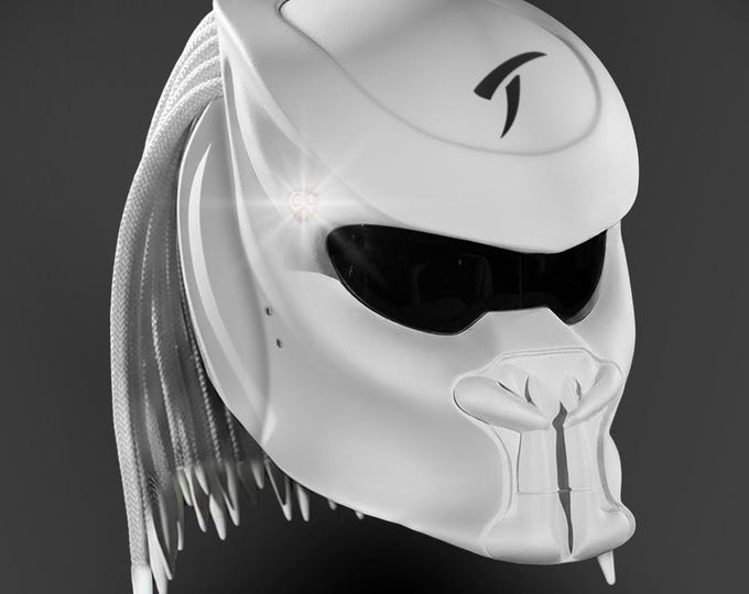 White Black Predator Helmet Fang Style – Handmade Custom Airbrush, DOT & ECE Certified, LED Light