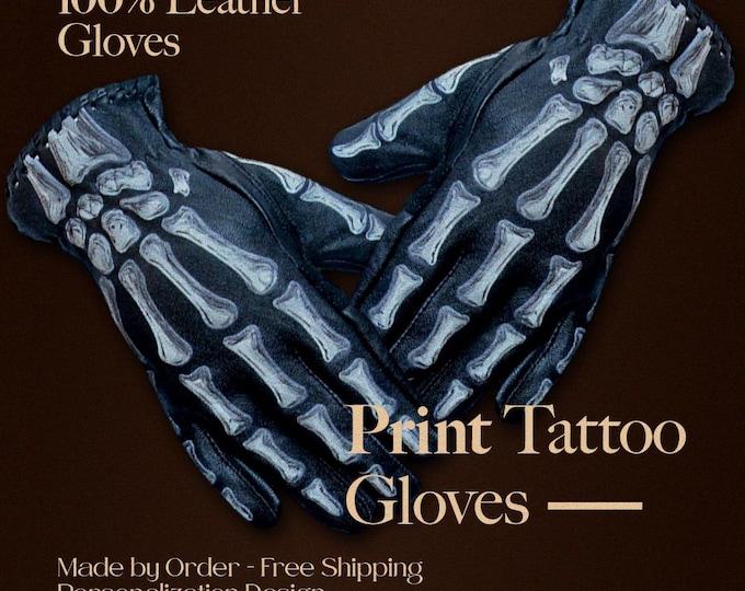 Vintage Motorcycle Riding Gloves, Safety - Handmade Lambskin - X-ray CustomTattoo Print - Black