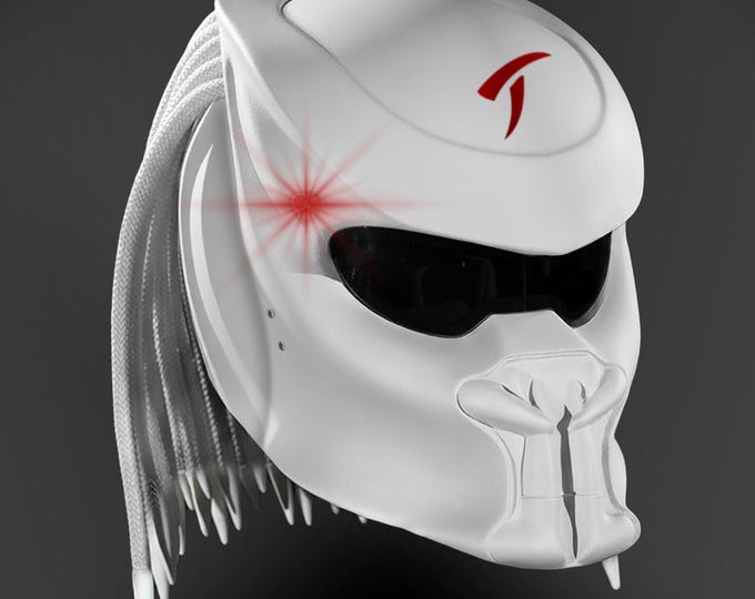 White Red Predator Helmet Fang Design – Handmade Custom Airbrush, DOT & ECE Certified, LED Light