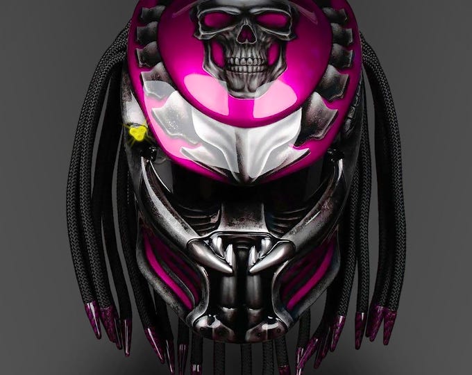 Hot Pink Fanged Skull Motorcycle Helmet: Custom LED Rebellious Art, DOT & ECE Certified