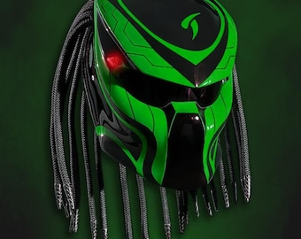 Casco Moto Depredador Verde Elegante, Aerógrafo Custom Certificado DOT & ECE, Variante Luz LED