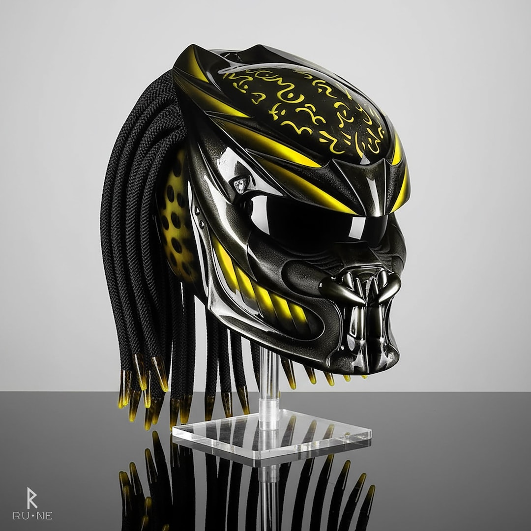 イエロー プレデター バイク ヘルメット 牙, 手描き エアブラシ, DOT