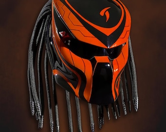 Custom Predator Helmet – Hand Painted Airbrush Motorcycle Helmet with LED Eyes, Tribal Rune Design, DOT ECE Certified, Cosplay & Riding Gear