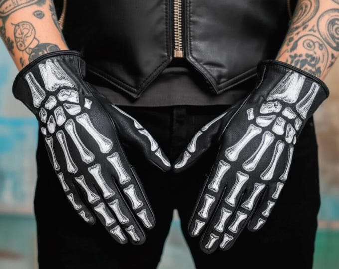 X-Ray Tattoo Lambskin Leather Gloves: Handmade Biker Driving Gloves