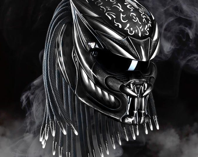 Predator Motorcycle Helmet – Handmade Tribal Biker Gear with LED Eyes, Polycarbonate Shell, Airbrush Art – ECE & DOT Certified