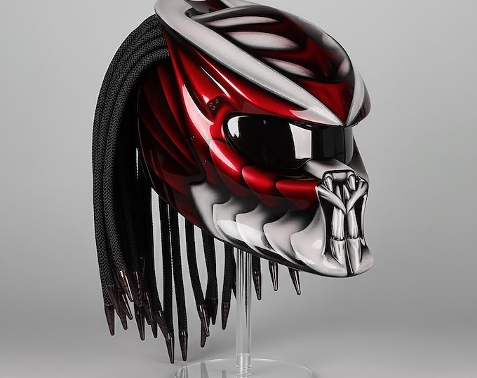 Red Predator Assassin Motorcycle Helmet, Custom Paint Airbrush, LED Color, DOT & ECE Certified