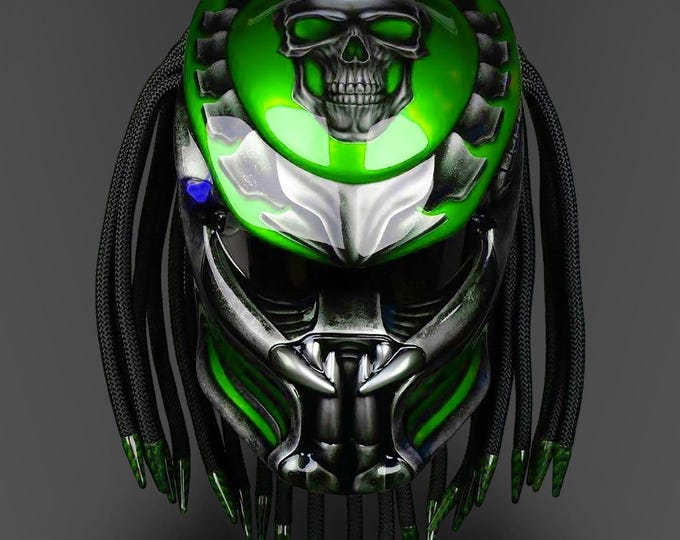 Shamrock Green Fanged Skull Motorcycle Helmet: Custom LED Art, DOT & ECE Certified