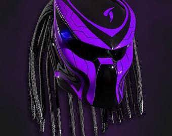 Handmade Purple Predator Motorcycle Helmet: Custom DOT & ECE Certified LED Art