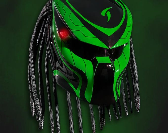 Handmade Green Predator Motorcycle Helmet: Custom Airbrushed DOT & ECE Certified