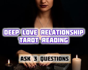 May include: An image promoting a tarot reading service. The text "DEEP LOVE RELATIONSHIP TAROT READING" is displayed above the text "ASK 3 QUESTIONS" and "MITLA'S MIRROR". A woman is in the image, with tarot cards and candles on a table.