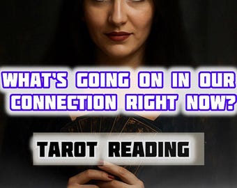 May include: Image features a woman with long dark hair and text that reads "WHAT'S GOING ON IN OUR CONNECTION RIGHT NOW?" and "TAROT READING" and "MITLA'S MIRROR". The woman is holding tarot cards.