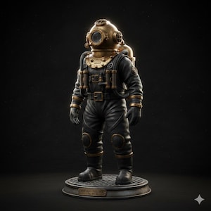 Può includere: Scultura dettagliata di un subacqueo vintage in tuta nera con dettagli in ottone. L'elmo e l'attrezzatura del subacqueo sono color oro. La scultura è montata su una base circolare con la scritta "Deep Seas Explorer - No. 001".