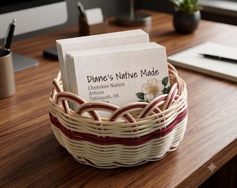 Cherokee Double Wall Business Card Basket - Handwoven - Native American Art - Natural reed with red accent - Home Decor - Native Craft.