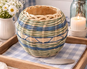 Cherokee Double Wall Basket - Handwoven - Native Art - Natural, Green & Blue - Commercial Reed - Home Decor - Native Craft. **Free Shipping*