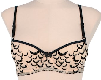 Bat Underwire Bra - Sheer Nude Mesh with Black Velvet Applique