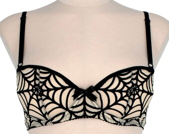 Spiderweb Underwire Bra - Sheer Nude Mesh with Black Velvet Applique