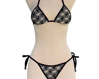 Faux Embroidered Spider Print - String Bikini and Triangle Top