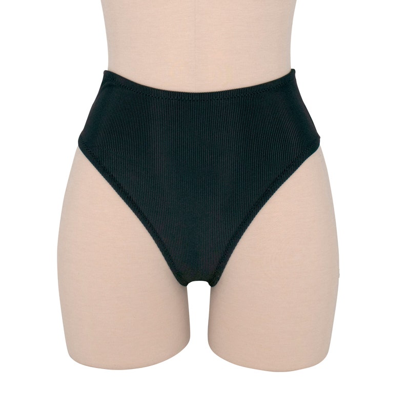 Black Rib High Waist High Cut Let Bikini Bottom