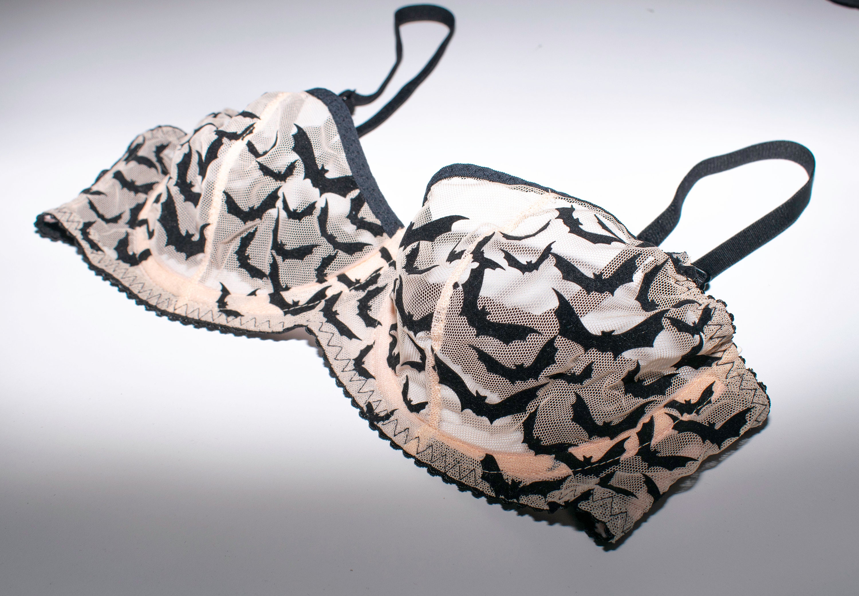 Bat Underwire Bra - Sheer Nude Mesh With Black Velvet Applique - Etsy