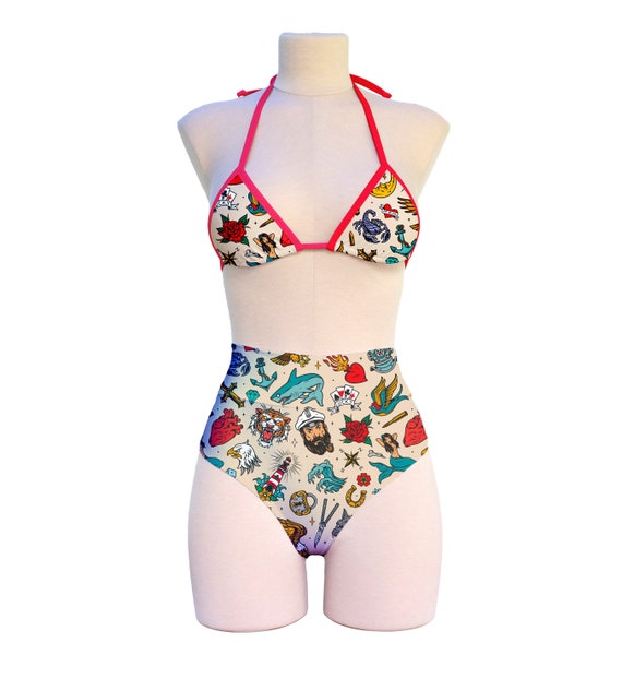 Tattoo Print Cheeky High Waist  Bikini Bottom and Triangle Top