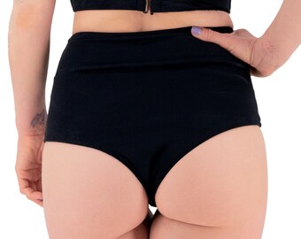 Black High Waist Thong Cheeky Bikini Bottom| Matte Black