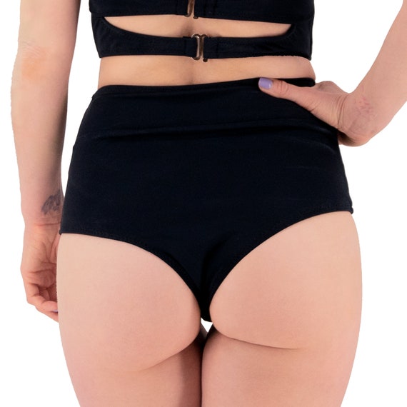 Black High Waist Thong Cheeky Bikini Bottom Matte Black 