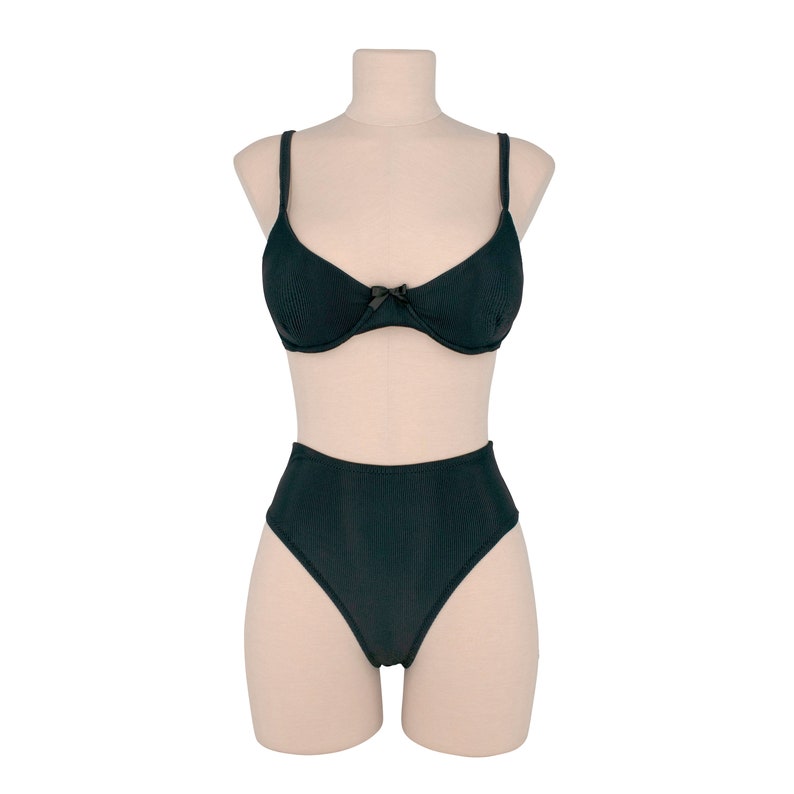 Black Rib High Waist High Cut Let Bikini Bottom