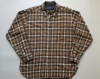 Camisa vintage de lana Pendleton, años 60, con botones a cuadros marrones, talla XL para hombre, fabricada en EE. UU.