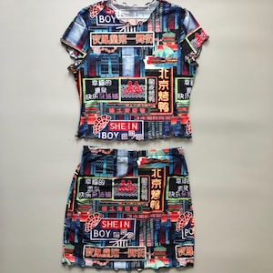 VTG Save The Queen x JPG Style Neon Tokyo Print Top & Skirt Set – Size L – Y2K Japan Cyber Look